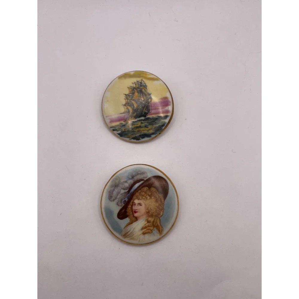 Vintage Portrait Ship Brooch Pair